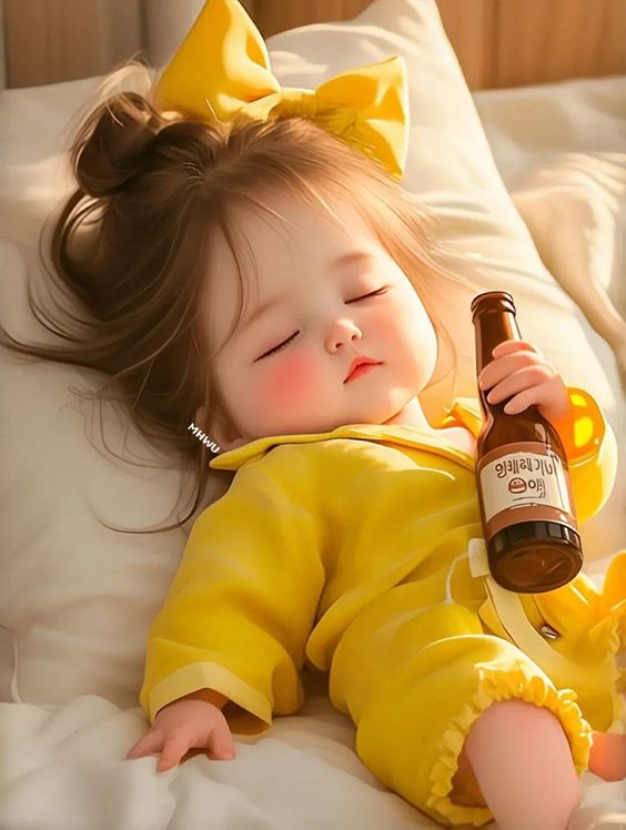 a baby lying down holding a bottle